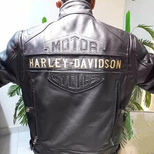 Harley Davidson Men Black Leather Motorcycle Jacket, Bold Gold Logo, Vintage Biker Coat, Genuine Harley Rider Gear, gift, gift for him