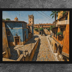Puede incluir: Impresión enmarcada de una escena de calle europea. La obra representa una calle adoquinada bordeada de edificios en tonos azules, naranjas y amarillos. Una alta torre es visible en el fondo, con un cielo azul claro.
