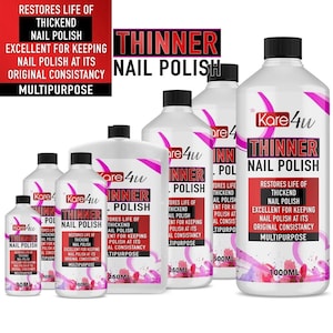May include: A selection of white bottles of nail polish thinner with black lids. The bottles vary in size from 30ml to 1000ml. The labels display the words "Thinner Nail Polish" and "Restores Life of Thickened Nail Polish."