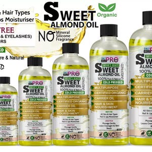Sweet Almond Carrier Oil - Hair & Skin Moisturizer, Vegan / Cruelty-Free / Organic, Multiple Sizes Available