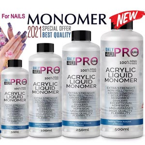 May include: Four white bottles of acrylic liquid monomer for nails, labelled "Only 4U Pro." The bottles range in size from 50ml to 500ml and feature black caps. Text on the bottles includes "Extra Strength," "Non-Yellowing," and "High Quality Flexibility."