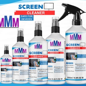 May include: Several white screen cleaner bottles with black spray nozzles, branded "MMM SCREEN CLEANER." The bottles display "SAFE FOR DEVICES" and are designed for cleaning eye glasses, smart watches, TVs, and mobile phones. Sizes range from 30ml to 500ml.