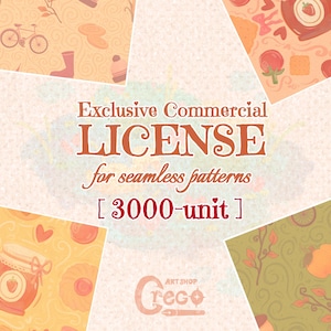 May include: A commercial licence document for seamless patterns with the text Exclusive Commercial LICENSE for seamless patterns [ 3000-unit ] and the Creco Art Shop logo, featuring four corner panels with illustrations of bicycles, boots, and food.
