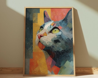 Colorful Cat Abstract Wall Art Print, Modern Geometric Cat Portrait Painting Download, Vibrant Pet Artwork for Cat Lovers & Home Decor Gift