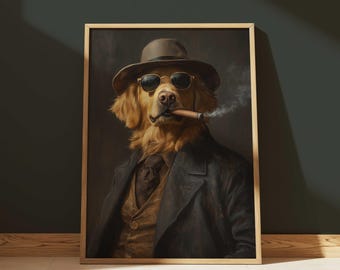 Golden Retriever Cigar Wall Art Download, Funny Dog Oil Painting in Suit & Hat, Cool Vintage Decor, Pet Portrait Poster Gift for Dog Lovers