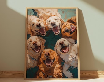 Puede incluir: Un estampado enmarcado con un grupo de golden retrievers sonriendo. Los perros, en varios tonos de dorado y crema, están dispuestos en una composición circular, cada uno con la boca abierta en una expresión alegre. El fondo es de color verde azulado.
