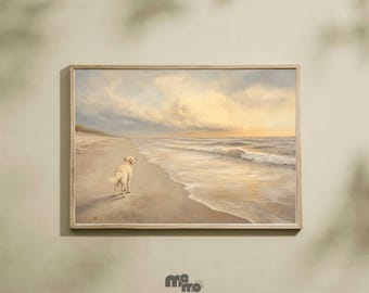 Pôster de parede com tema de pôr do sol para cachorro na praia, estampa de Labrador à beira-mar, decoração costeira para cachorro, pintura de animal de estimação Golden Hour para amantes de cachorros, pôster de papel fosco
