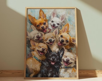 Szczęśliwy piesek chihuahua, wydruk ścienny, uroczy uśmiechnięty portret zwierzaka, zabawny szczeniak, dekoracja olejna w stylu prezentu dla miłośnika psów, papier matowy