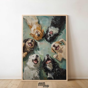 Op de afbeelding: Een ingelijste kunstdruk met zes honden in een cirkel, allemaal met hun hoofden achterover en hun monden open alsof ze lachen. De honden zijn geschilderd in tinten zwart, wit en bruin, tegen een turquoise achtergrond.