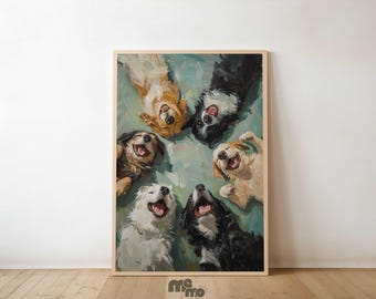 Könnte beinhalten: Ein gerahmter Kunstdruck mit sechs Hunden in einem Kreis, alle mit zurückgeworfenen Köpfen und offenem Maul, als würden sie lachen. Die Hunde sind in Schwarz-, Weiß- und Brauntönen vor einem türkisfarbenen Hintergrund gemalt.
