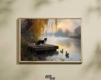 Stampa artistica di Border Collie con alba sul lago, download del dipinto a olio di paesaggio con cane al mattino nebbioso, decorazione da parete rustica per amanti degli animali, regalo per cani in una casa di campagna