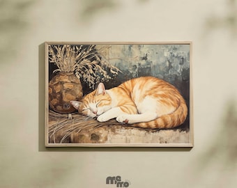 May include: Framed artwork featuring a sleeping orange tabby cat with white markings. The cat is curled up on a surface next to a brown vase with dried plants. The artwork has a neutral color palette and is displayed in a light-colored wooden frame.