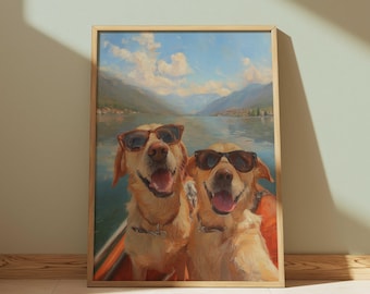 Descarga de arte mural de perro en el lago, divertida selfie de un golden retriever en la naturaleza, pintura digital, viaje en barco de verano vintage imprimible para regalo de amantes de los perros