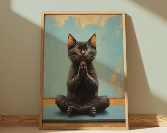 Meditating Black Cat Wall Art Download  – Zen Yoga Black Cat Digital Print – Mindfulness Pet Painting for Meditation Room and Cat Lover Gift