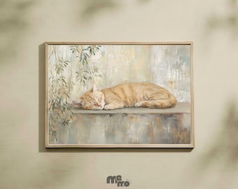 Poster da parete con gatto arancione tigrato addormentato, dipinto a olio rustico con gatto addormentato, carta opaca minimalista e rilassante, decorazione accogliente per la casa, regalo per gli amanti dei gatti.
