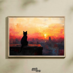 Black Cat Watching Sunset Wall Art Print, Rustic Cityscape Oil Painting Poster Download, Cozy Home Decor for Pet Lover Gift