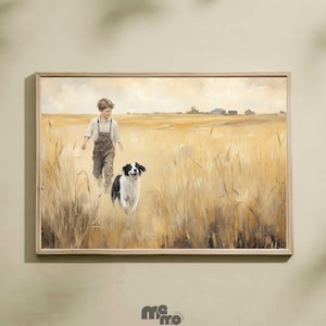 Border Collie Farm Art Print Poster, Boy and Dog Field Oil Painting, Rustic Country Landscape, Farmhouse Decor Dog Lover Gift, Matte Paper