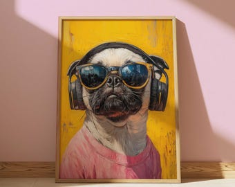 DJ Pug Dog Wall Art - Funny Pug in Headphones and Sunglasses Oil Painting - Cool Pet Portrait Gift for Music Fans & Dog Lovers Home Decor