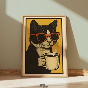 Retro Cat Drinking Coffee Poster, Tuxedo Cat Funny Wall Art, Vintage Premium Matte Paper Poster Gift for Cat Lovers Home Decor