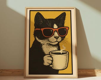 Retro Katze Trinkt Kaffee Poster, Tuxedo Cat Lustige Wandkunst, Vintage Premium Matte Papier Poster Geschenk für Katzenliebhaber Wohnkultur