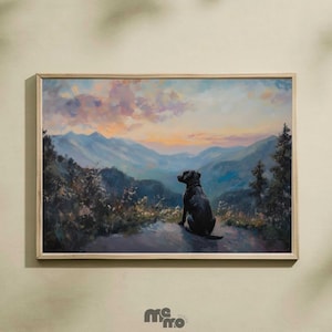 Pode incluir: Pintura emoldurada que retrata um c&atilde;o preto a contemplar uma cordilheira sob um c&eacute;u ao p&ocirc;r do sol. A obra apresenta uma paisagem natural com &aacute;rvores e um c&eacute;u colorido, emoldurada numa moldura de madeira clara.