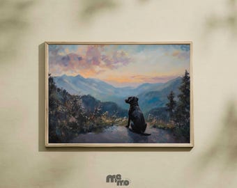 Black Lab Wall Art Print Poster, Dog in Mountain Sunset Landscape Oil Painting, Nature Black Labrador Wall Decor for Dog Lovers Gift