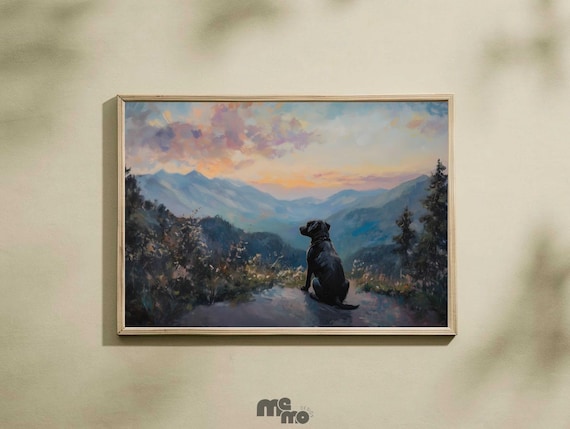 Black Lab Wall Art Print Poster, Dog in Mountain Sunset Landscape Oil Painting, Nature Black Labrador Wall Decor for Dog Lovers Gift