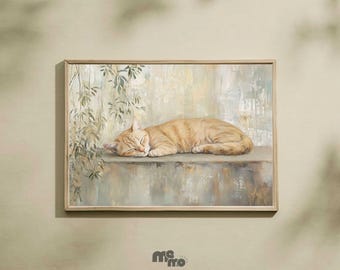May include: A framed art print depicts a sleeping orange tabby cat. The cat is lying on a stone ledge, with a soft, neutral-toned background. The artwork has a painterly style, with muted colors and a serene atmosphere.