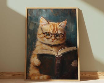 Lezen oranje kat bril kunst aan de muur - grappig boek minnaar kat portret print, slim tabby olieverfschilderij decor, cadeau voor katteneigenaar en lezers