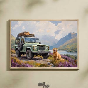 Golden Retriever Dog Highland Wall Art Download, Scottish Landscape Oil Painting Print, 4x4 Off-Road Pet Gift, Rustic Adventure Dog Decor