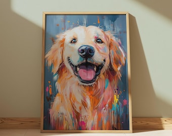 Impressão de parede abstrata de Golden Retriever, pintura de retrato impressionista de cachorro feliz para download, decoração colorida para casa de animais de estimação, presente para amantes de cães