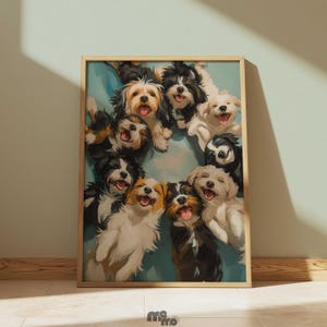 May include: A framed print featuring a group of happy dogs. The dogs have various fur colors, including white, black, brown, and tan. They are all smiling with their tongues out. The artwork is set against a light blue background.