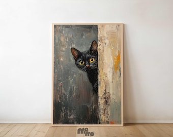 Black Cat Peeking Wall Art - Funny Curious Cat Oil Painting Print for Cat Lovers Poster Hallway Living Room Decor