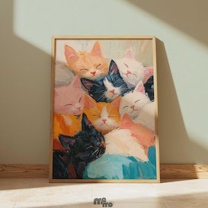 Sleeping Cat Wall Art Poster, Cute Kittens Oil Painting Premium Matte Paper Print, Cozy Pet Artwork for Cat Lover Nursery or Wall Decor Gift