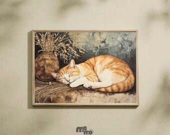 Poster da parete con gatto arancione addormentato, dipinto a olio rustico e accogliente, carta opaca con motivo tigrato zenzero, ideale come regalo per gli amanti dei gatti.