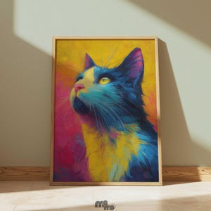 Vibrant Cat Oil Painting Wall Art Print, Abstract Colorful Cat Portrait Download, Modern Animal Decor, Cat Lover Gift Idea