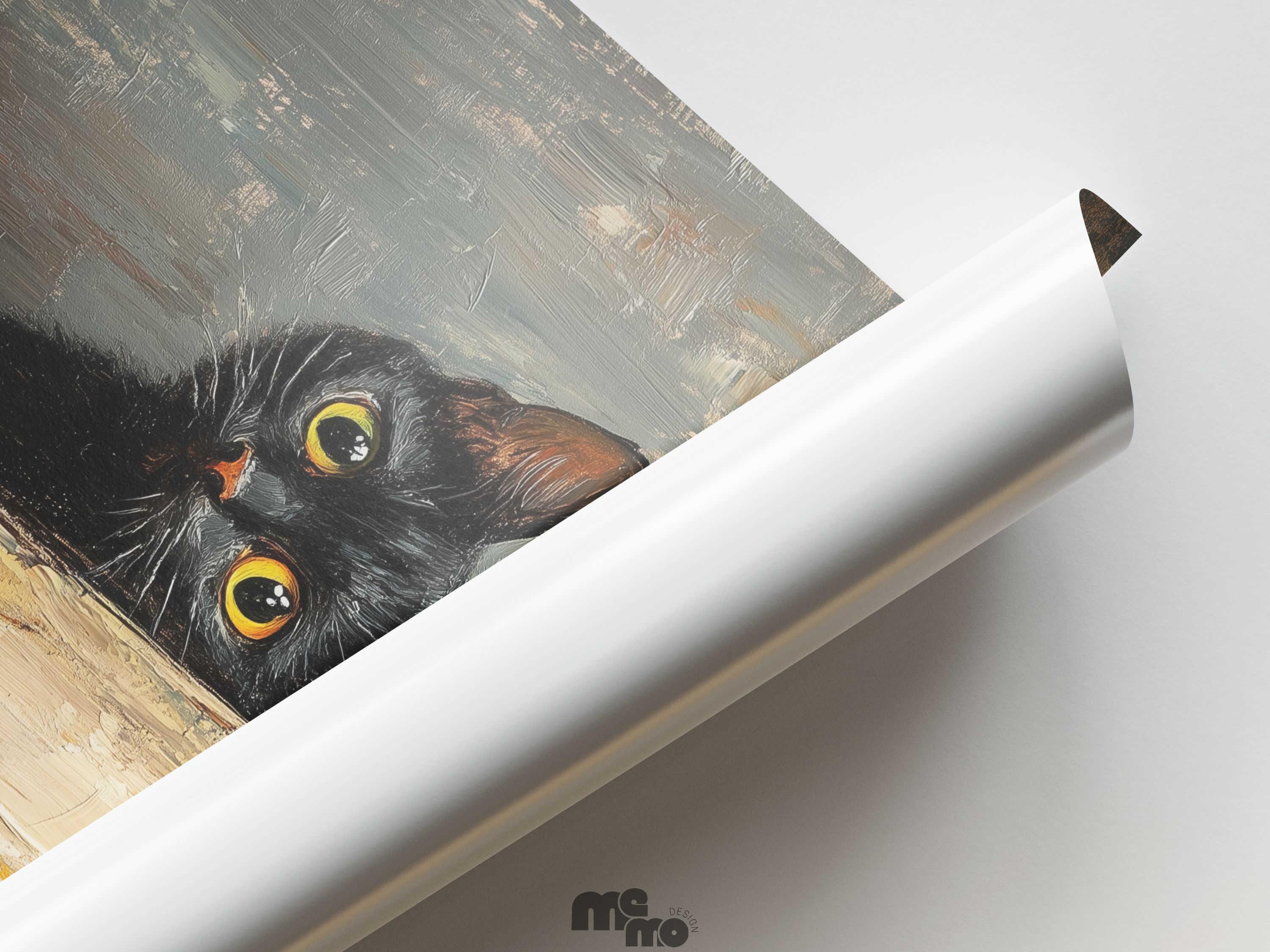 Peeking Black Cat Painting Poster Print, Funny Curious Cat Wall Art for ...