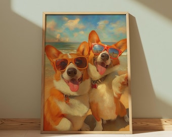 Beach Corgi Dog Wall Art Download, Funny Corgi Selfie Summer Digital Painting, Cute Ocean Vacation Printable Gift Dog Lovers, Vintage Decor