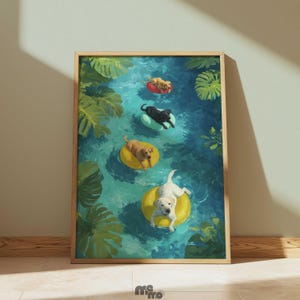 May include: A framed art print depicts four Labrador Retrievers floating in a pool on inflatable rings. The dogs are various colors: yellow, black, and white. The water is blue, and the print has a tropical theme.