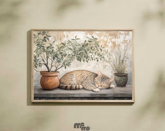 Arte de pared rústico de gato atigrado durmiendo, póster de papel mate premium acogedor para mascotas, pintura al óleo relajante para decoración del hogar para amantes de los gatos, adorable regalo de animales.
