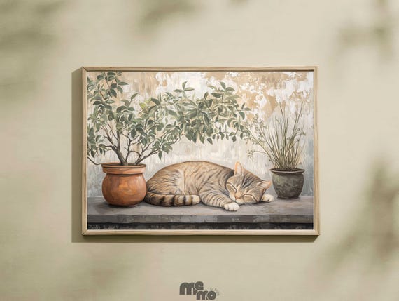 Rustic Sleeping Tabby Cat Wall Art, Cozy Pet Premium Matte Paper Poster, Calming Oil Painting Cat Lover Home Decor, Cute Animal Gift Art