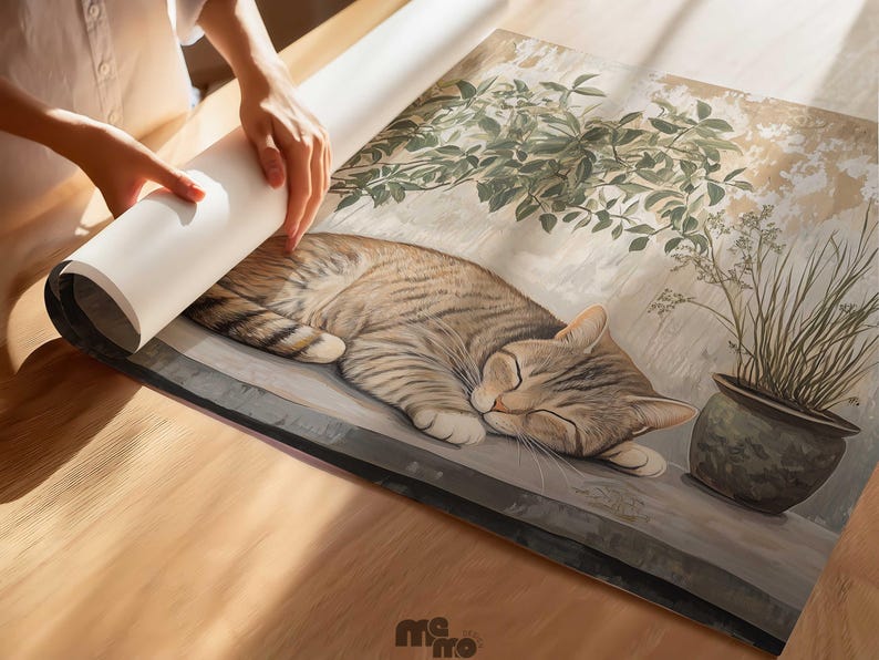 May include: A rolled-up print of a sleeping tabby cat, with a plant in a pot to the right. The cat is lying on a ledge, with a light background. The print is being unrolled on a wooden surface.