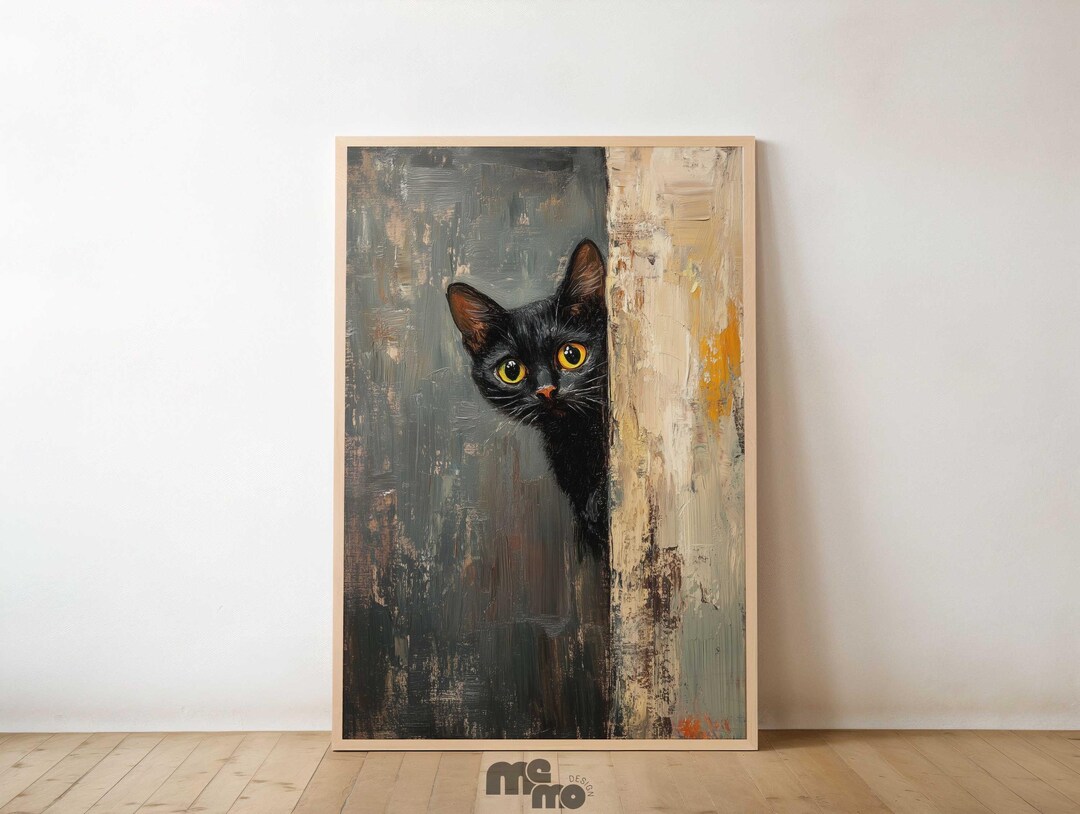 Peeking Black Cat Painting Poster Print, Funny Curious Cat Wall Art for ...