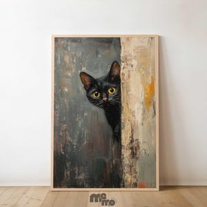 Peeking Black Cat Painting Poster Print, Funny Curious Cat Wall Art for Cat Lovers, Hallway Living Room Decor, Premium Matte Paper