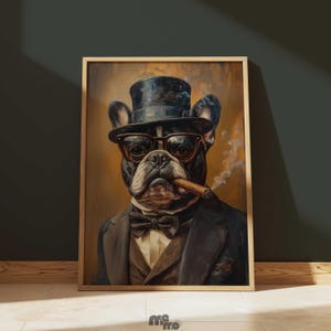 Gentleman Dog Wall Art Poster, Funny Dapper French Bulldog in Suit and Cigar Oil Painting, Cool Pet Portrait for Man Cave or Dog Lover Gift