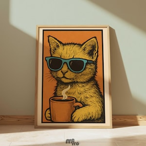 Retro Orange Cat Drinking Coffee Poster, Ginger Tabby Cat Funny Wall Art, Vintage Premium Matte Paper Poster Gift for Cat Lovers Home Decor