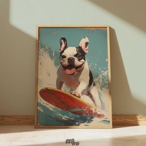 Arte mural de bulldog francés surfeando, divertido póster de perro playero para amantes de las mascotas, pintura al óleo de bulldog francés de verano, decoración costera para el hogar.