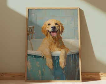 May include: A framed print of a Golden Retriever dog in a vintage bathtub. The dog is light brown with a happy expression, tongue out, and paws resting on the tub's edge. The tub is teal, and the background is a light blue.