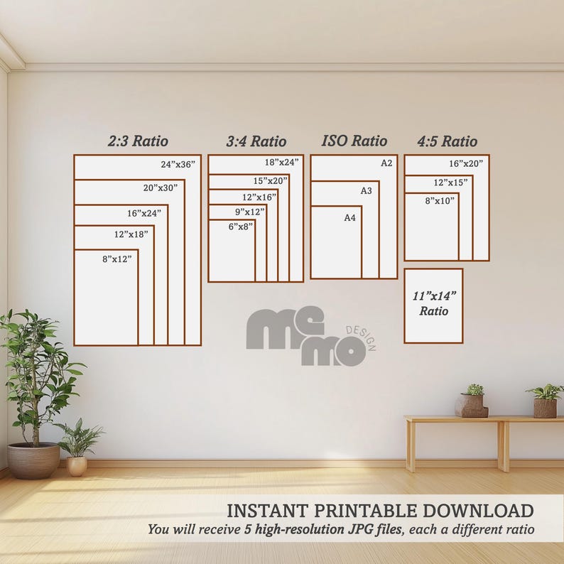 May include: A wall display showcasing various rectangular art print sizes, including 24"x36", 20"x30", and 16"x24". The image includes text indicating different aspect ratios and the phrase "Instant Printable Download". The display is set against a white wall.