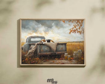 Arte de parede de caminhão de cachorro beagle, pintura rústica de outono para animais de estimação, presente para amantes de cães do campo, pôster de papel fosco premium para decoração de animais de fazenda